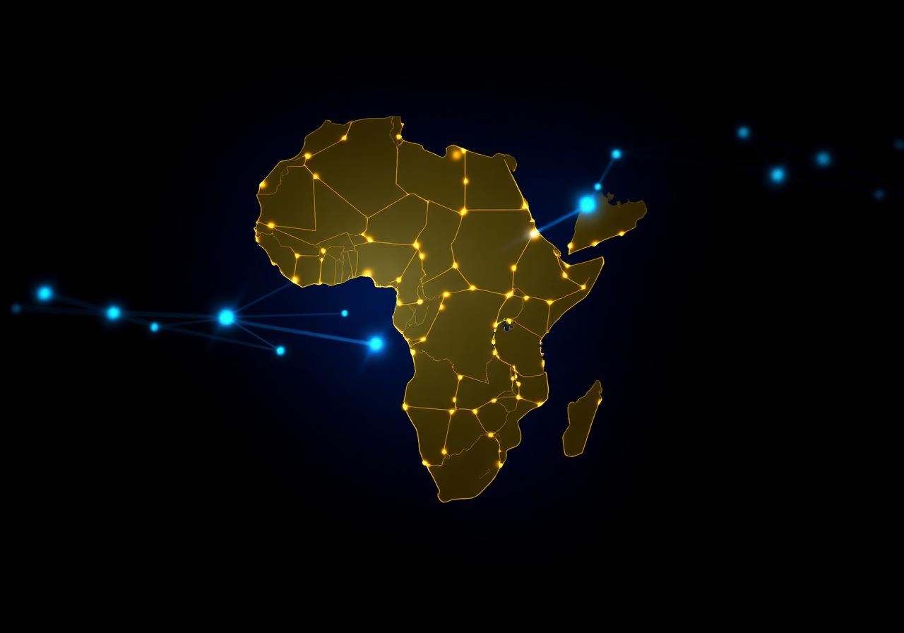 Low-poly golden map of Africa connected to a digital network